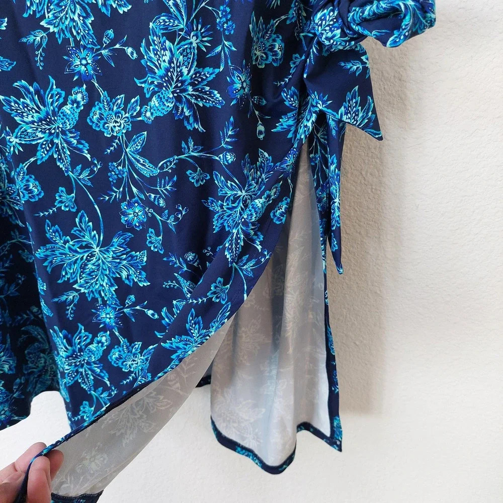 Land's End Blue Floral Print Side Tie Swim Dress One Piece‎ Swimsuit Size 18W